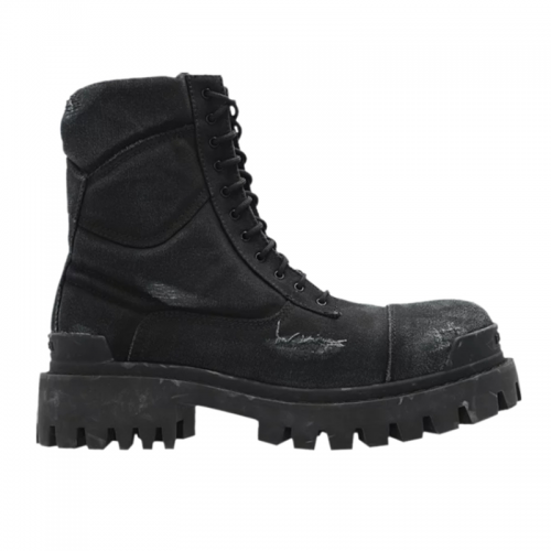 Balenciaga Strike Lace-Up Distressed Combat Boots Black
