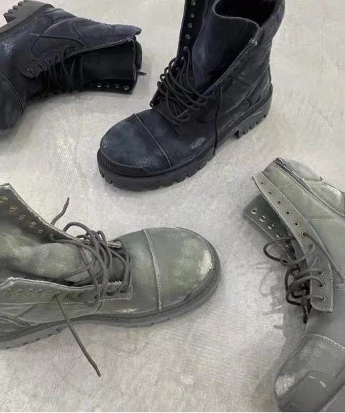 Balenciaga Strike Lace-Up Distressed Combat Boots Black and Green
