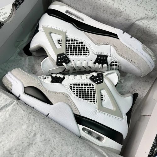Jordan 4 Retro Military Black Leather Sneakers White and Black