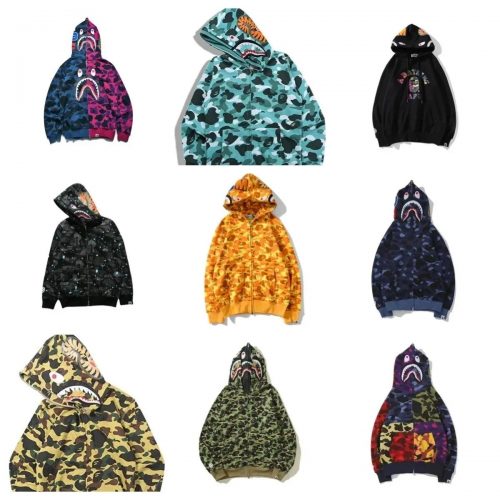 A Bathing Ape BAPE Shark Full Zip Hoodie Camo Streetwear Sweatshirt Multicolor