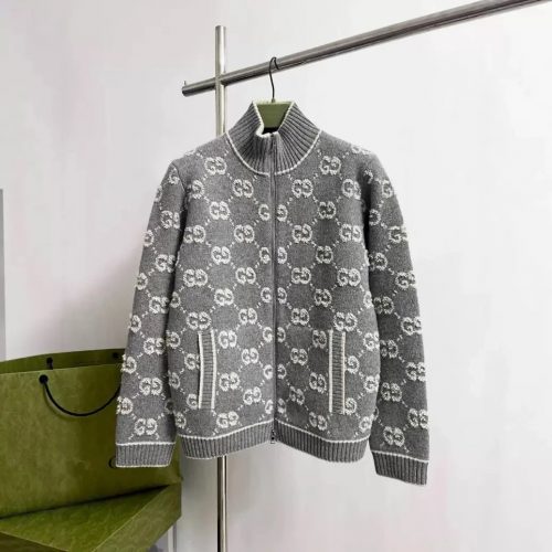 Gucci GG Monogram Knit Zip-Up Sweater Gray