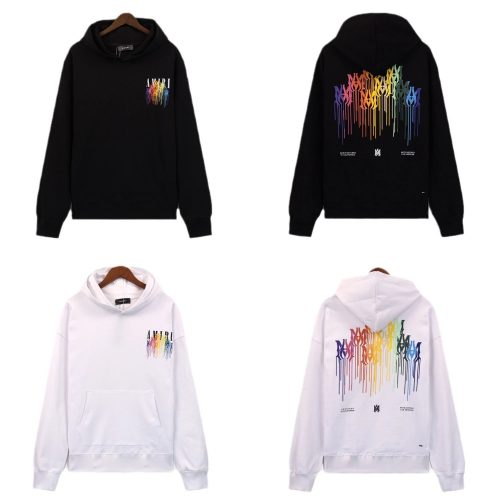 Amiri Rainbow Drip Graphic Streetwear Hoodie Black and White