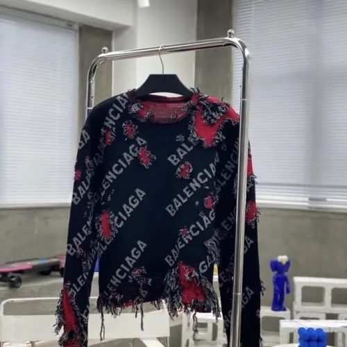 Balenciaga Distressed All-Over Logo Knit Sweater Black and Red
