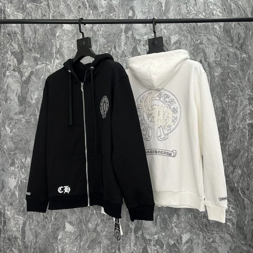 Chrome Hearts Horseshoe Zip-Up Graphic Streetwear Hoodie Black and White