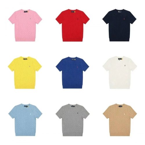 Ralph Lauren Cable-Knit Short Sleeve Sweater Cotton Pullover Multicolor