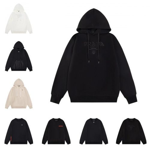 Prada Embroidered Cotton Hoodie Casual Sweatshirt Black