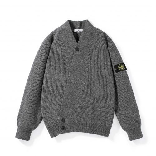 Stone Island Ribbed Knit Cardigan Casual Sweater Gray