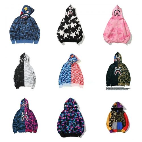 A Bathing Ape BAPE Shark Full Zip Hoodie Camo Streetwear Sweatshirt Multicolor
