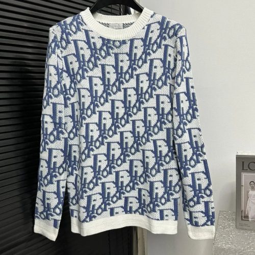 Dior Oblique Jacquard Knit Sweater Blue and White
