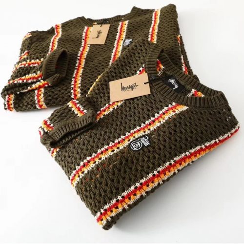 Stussy Open Knit Stripe Crochet Sweater Olive
