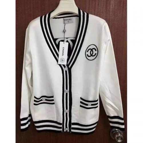 Chanel V-Neck Cardigan Knit Sweater White and Black