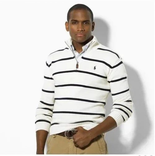 Ralph Lauren Quarter-Zip Striped Knit Sweater White and Navy