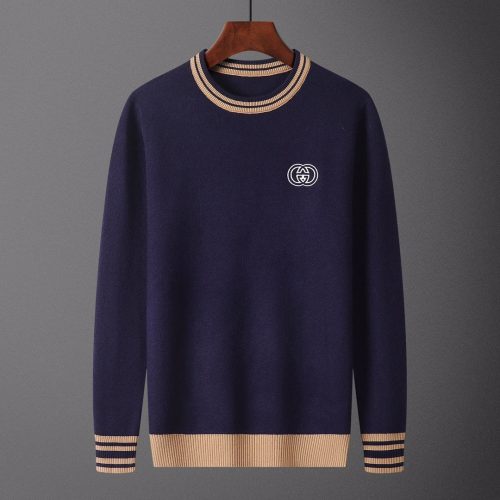 Gucci Interlocking G Knit Striped Trim Sweater Navy and Beige