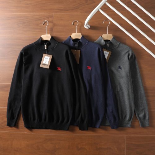 Burberry Equestrian Knight Zip-Up Knit Sweater Black Navy and Gray