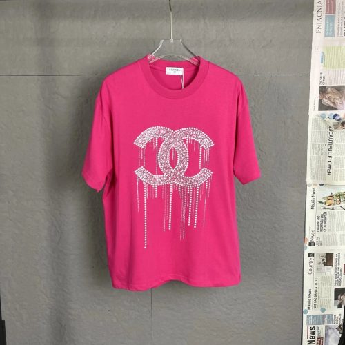 Chanel Pearl Embellished Graphic Tee T-Shirt Pink