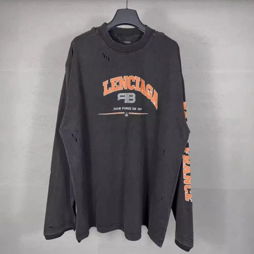 Balenciaga Vintage Distressed Long Sleeve T-Shirt Graphic Tee Black