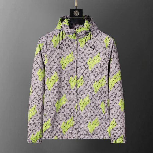 Gucci GG Monogram Neon Print Lightweight Jacket Gray and Green