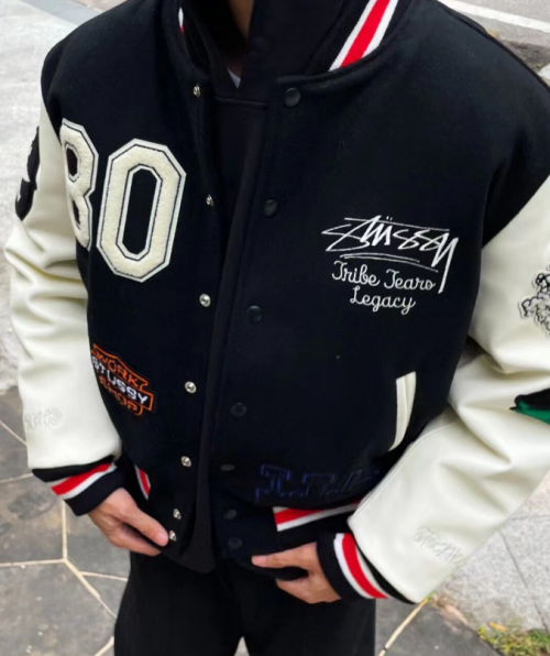 Stussy Tribe Jeans Legacy Varsity Jacket Streetwear Black and White