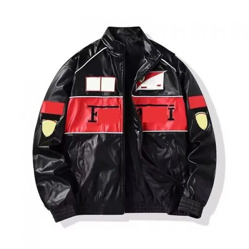 Ferrari Leather Racing Jacket Casual Black and Red Jacket