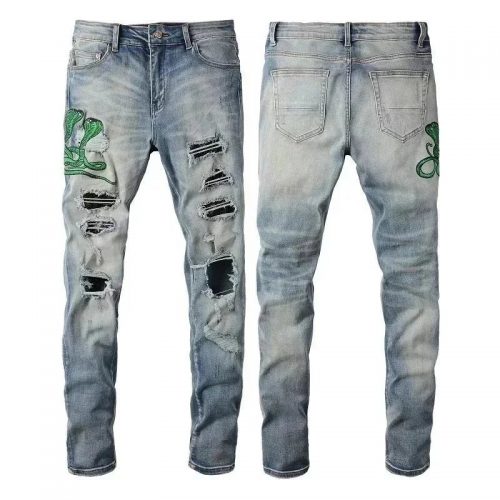 Amiri Distressed Snake Patch Jeans Ripped Denim Pants Light Blue