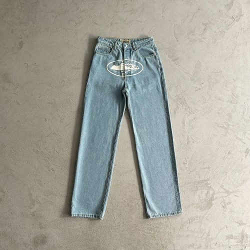 Corteiz Island Print Jeans Casual Denim Pants Light Blue