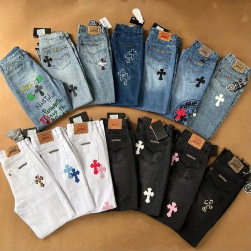 Chrome Hearts Cross Patch Denim Jeans Streetwear Pants Multicolor