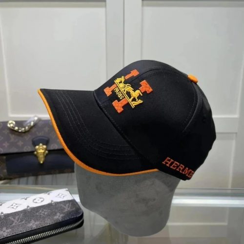 Hermes Embroidered H Logo Cap Casual Headwear Black and Orange