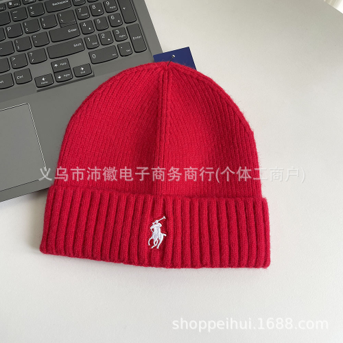 Ralph Lauren Pony Logo Ribbed Knit Beanie Red