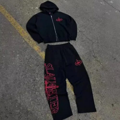 Slaughter Graphic Hoodie and Sweatpants Set Casual Black