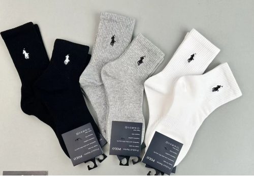 Ralph Lauren Pony Logo Crew Socks Cotton Casual Socks Black Gray and White
