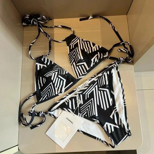 Chanel Geometric Print Graphic Bikini Set Black and White