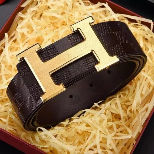 Hermes H Buckle Checkered Leather Belt Brown