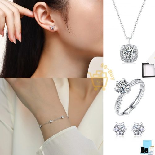 Design Moissanite Jewelry Set Sparkling Necklace Ring and Earrings Silver
