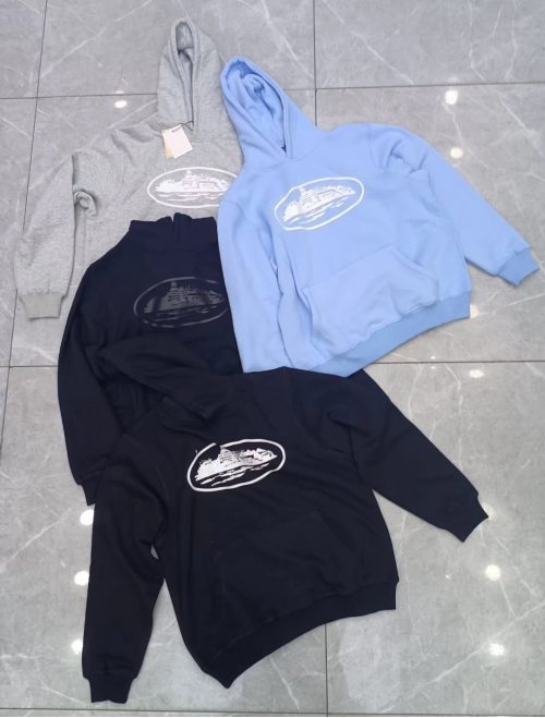 Corteiz Ship Logo Casual Hoodie Black Light Blue Gray