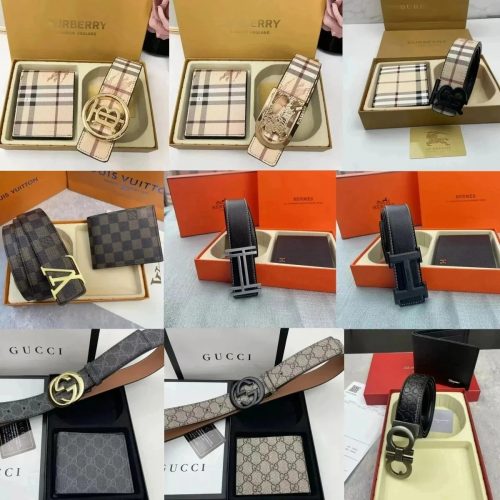 Burberry Check Print Wallet and Belt Set Classic Beige