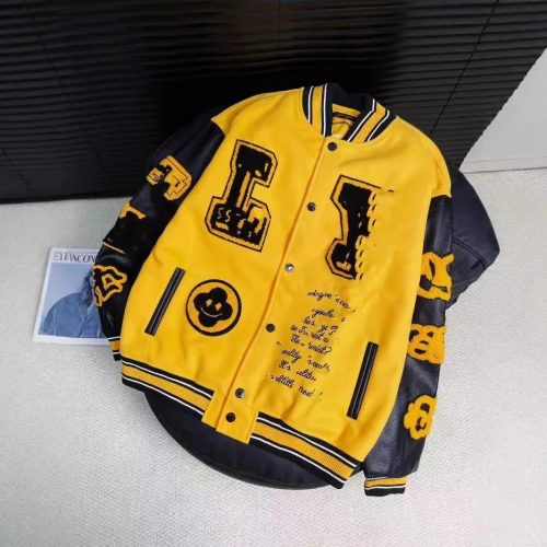 Design Varsity Jacket Streetwear Leather Sleeve Yellow and Black