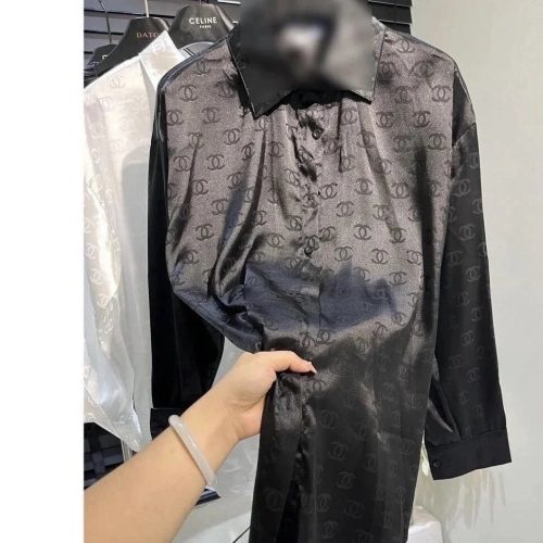 Chanel Monogram Silk Shirt Casual Long Sleeve Shirt Black