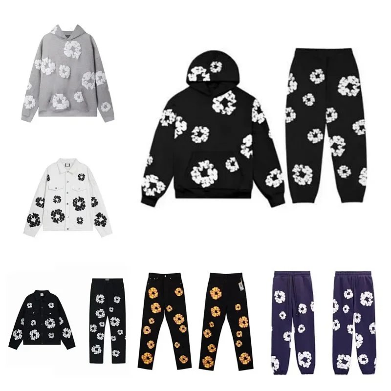 Denim Tears Cotton Wreath Casual Hoodie and Pants Set Black and Gray