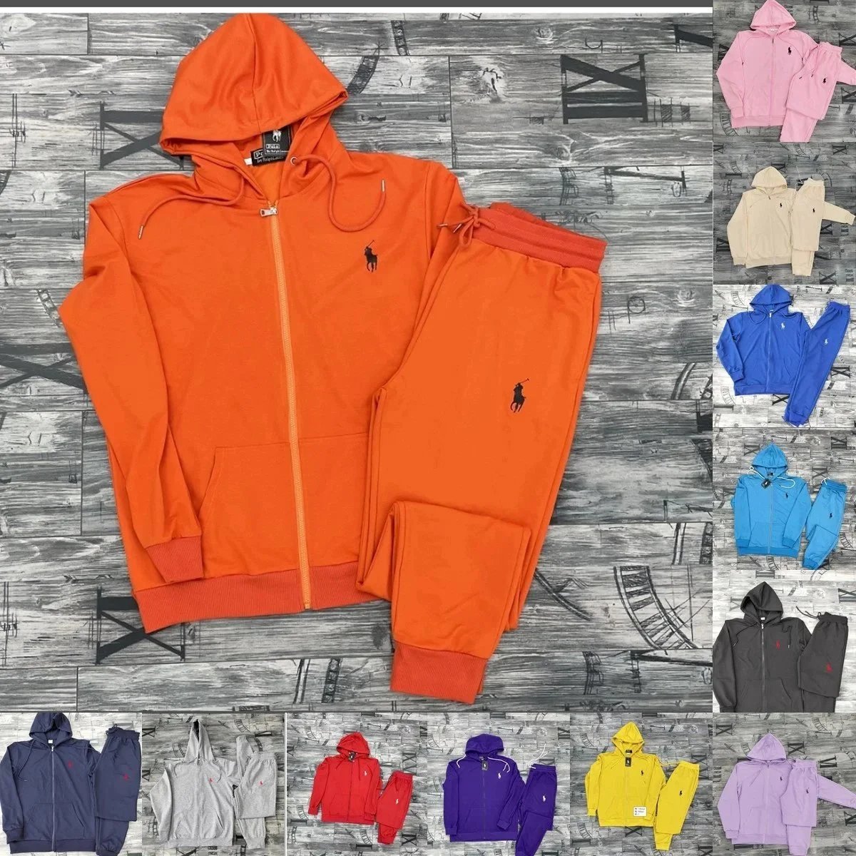 Polo Ralph Lauren PRL Zip-Up Hoodie and Joggers Set Casual Tracksuit Orange