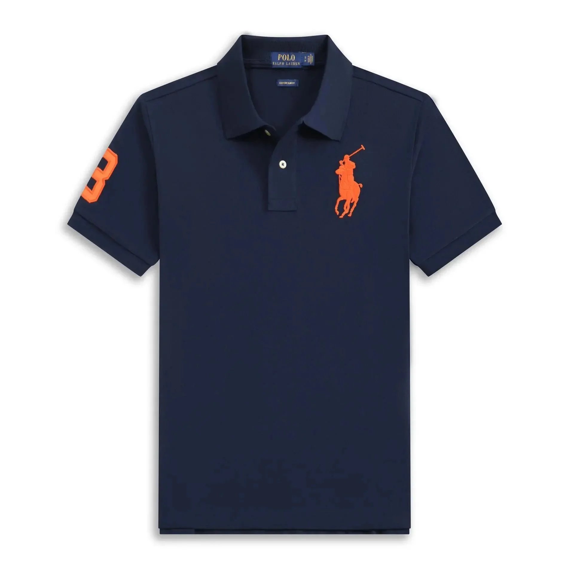Royal blue with an orange label