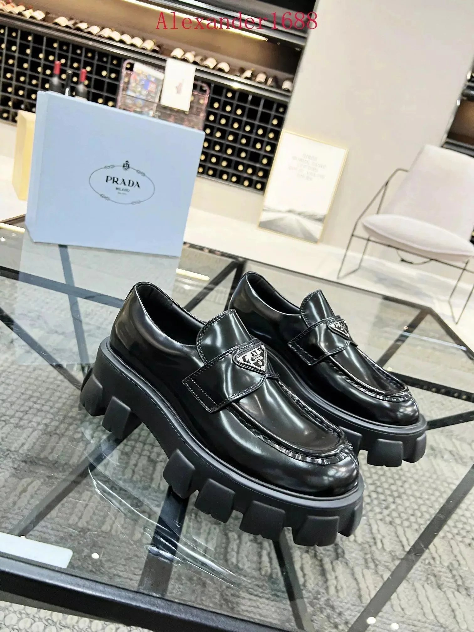 Prada Chunky Loafers Leather Platform Shoes Black